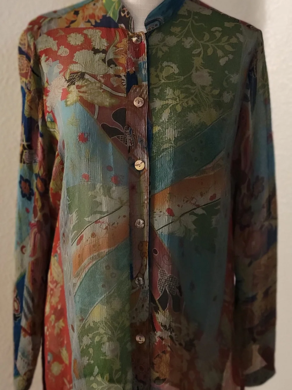Vintage Citron Santa Monica 100% Silk Semi Sheer Patchwork Floral Blouse XS - Picture 1 of 11